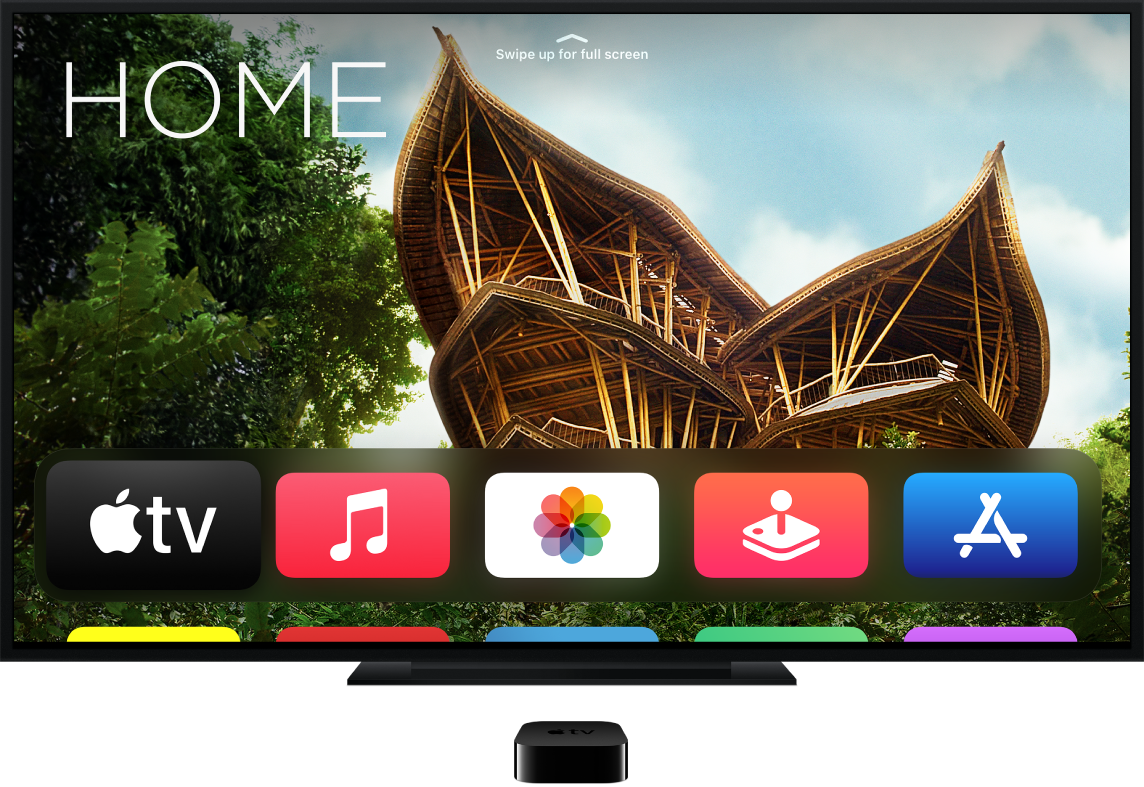 „Apple TV“, prijungtas prie televizoriaus, kuriame rodomas pradžios ekranas