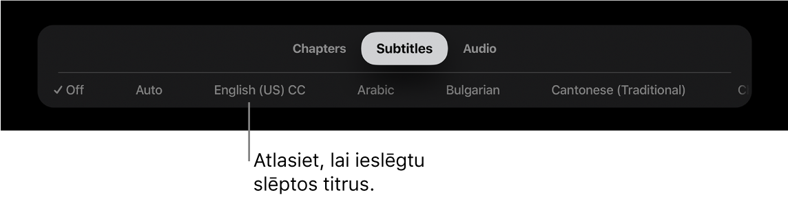 Izvēlne Subtitles atskaņošanas laikā