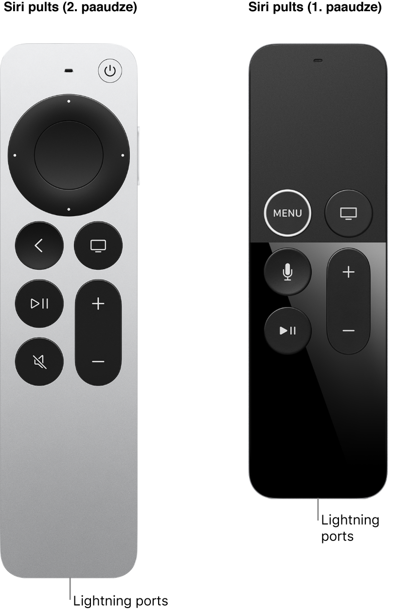 Siri Remote (2. paaudzes) un Siri Remote (1. paaudzes) pults ar parādītu Lightning portu