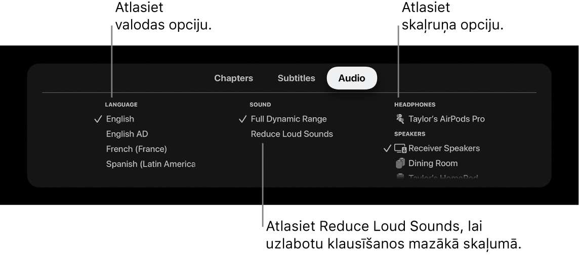 Atskaņošanas ekrāns, kurā redzama nolaižamā izvēlne Audio un ir atlasīta opcija Reduce Loud Sounds