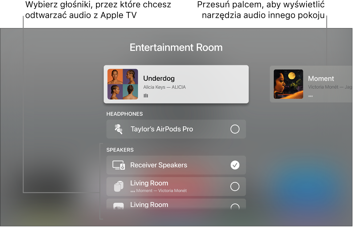 Ekran Apple TV z widokiem narzędzi dźwięku w centrum sterowania