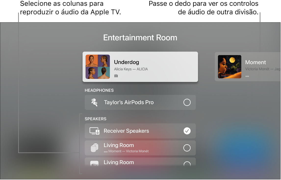 Ecrã da Apple TV a mostrar os controlos de áudio da central de controlo