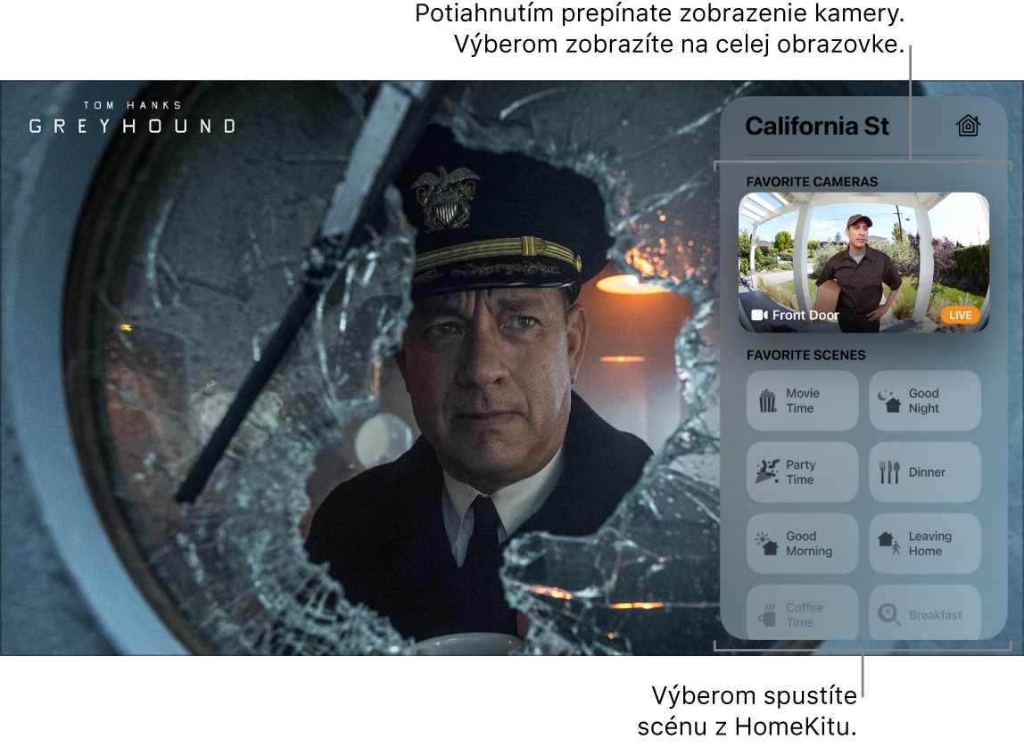 Obrazovka Apple TV so zobrazením HomeKit ovládacieho centra