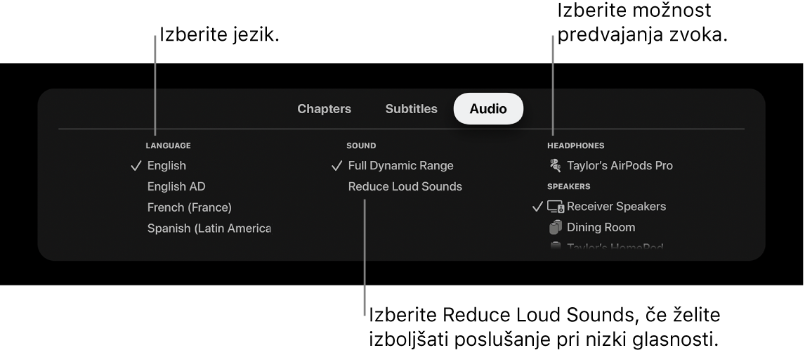 Zaslon za predvajanje prikazuje izbrani možnosti Audio pull-down in Reduce Loud Sounds