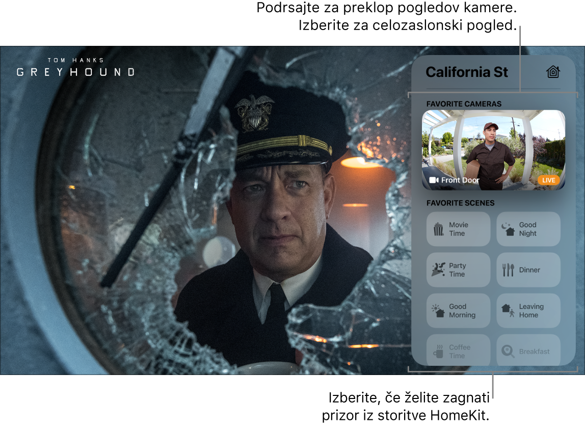 Zaslon Apple TV, ki prikazuje pogled Control Center HomeKit
