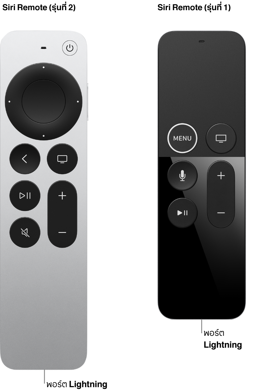ภาพของ Siri Remote (รุ่นที่ 2) และ Siri Remote (รุ่นที่ 1) ที่แสดงพอร์ต Lightning