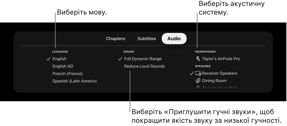 Екран відтворення з меню «Аудіо» та вибраною опцією «Приглушити гучні звуки».