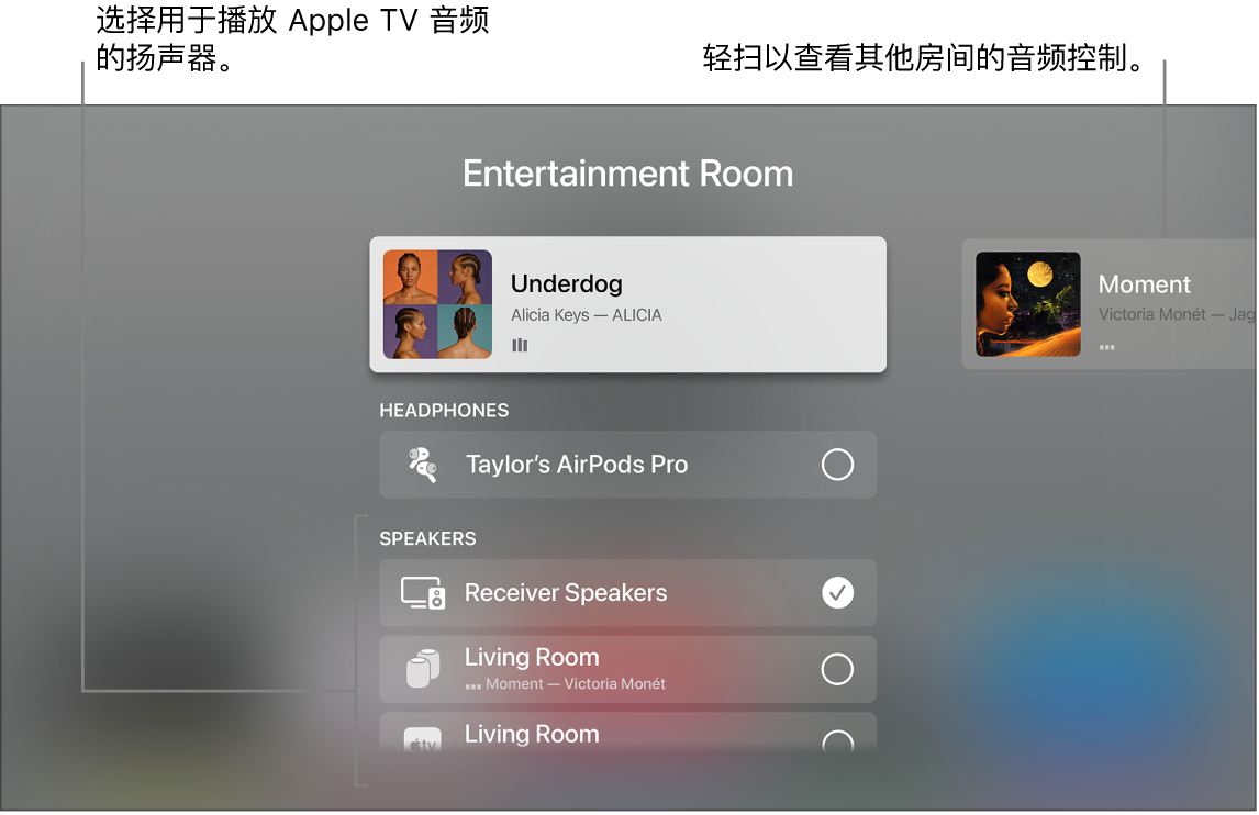 显示“控制中心”音频控制的 Apple TV 屏幕