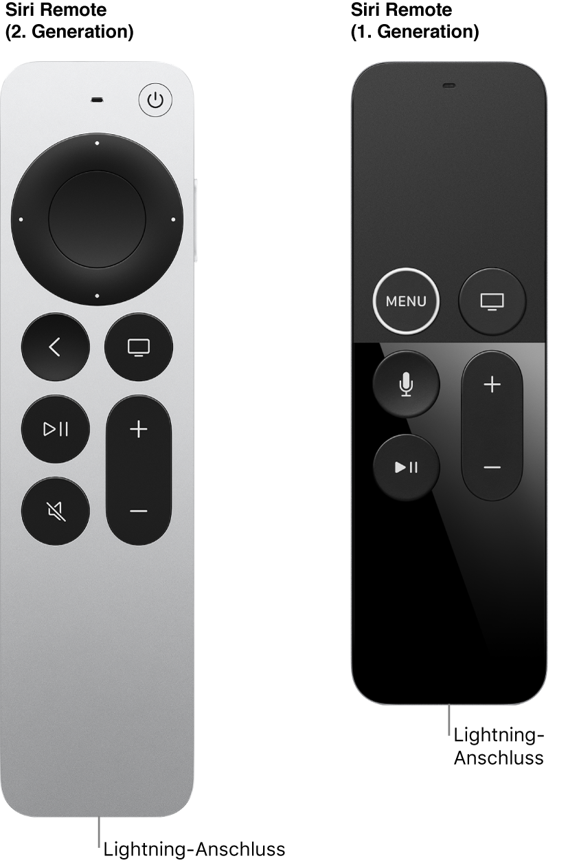 Bild der Siri Remote (2. Generation) und Siri Remote (1. Generation), das den Lightning-Anschluss zeigt