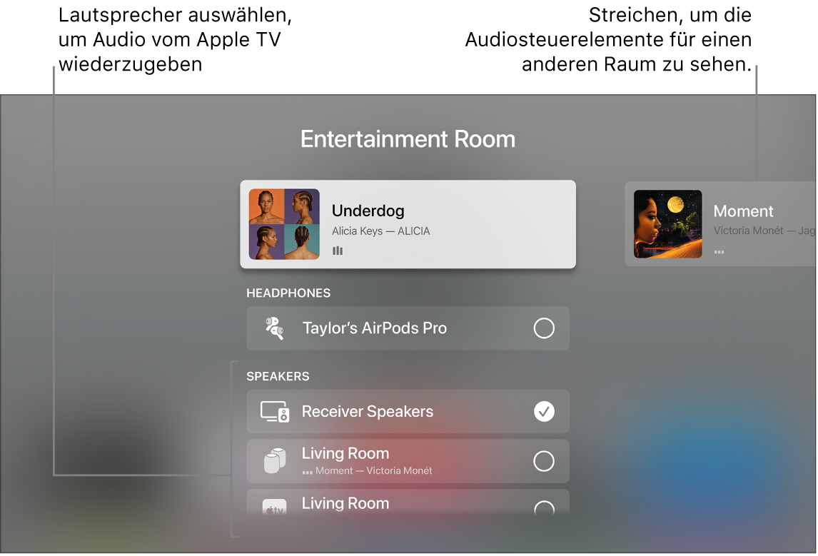 Apple TV-Bildschirm mit Kontrollzentrum und Audiosteuerelementen