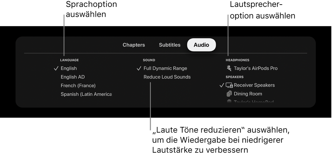 Wiedergabebildschirm mit Einblendmenü „Audio“ und ausgewählter Option „Laute Töne reduzieren“