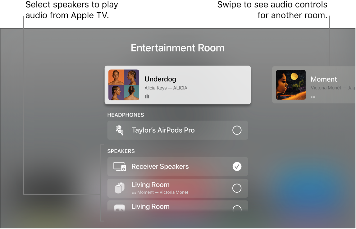 Apple TV screen showing Control Centre audio controls