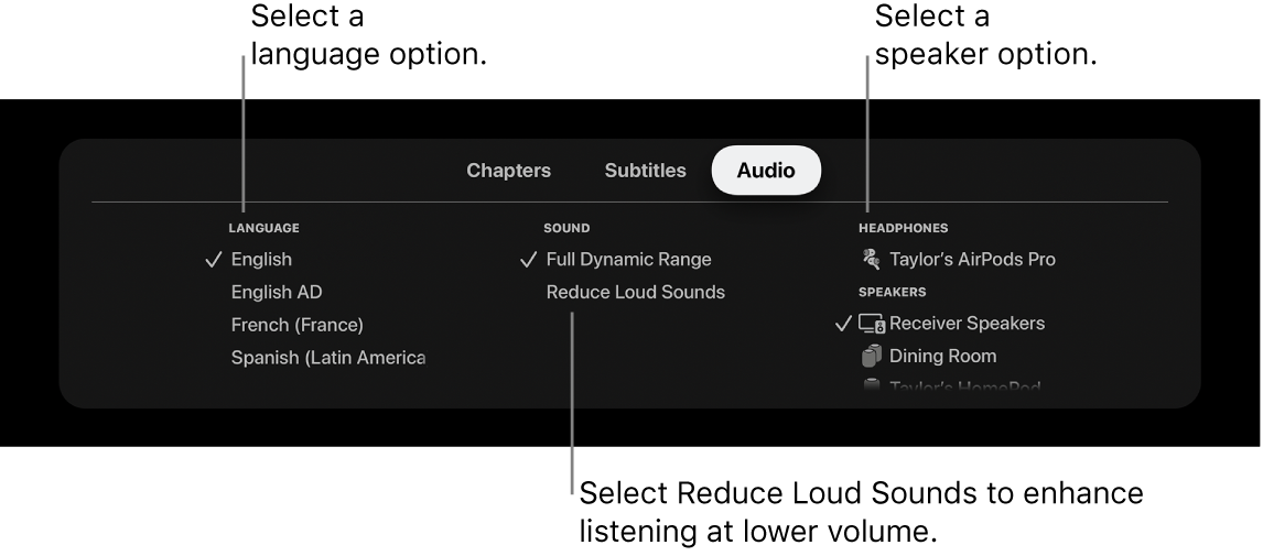 Playback screen showing Audio pull-down and Reduce Loud Sounds selected