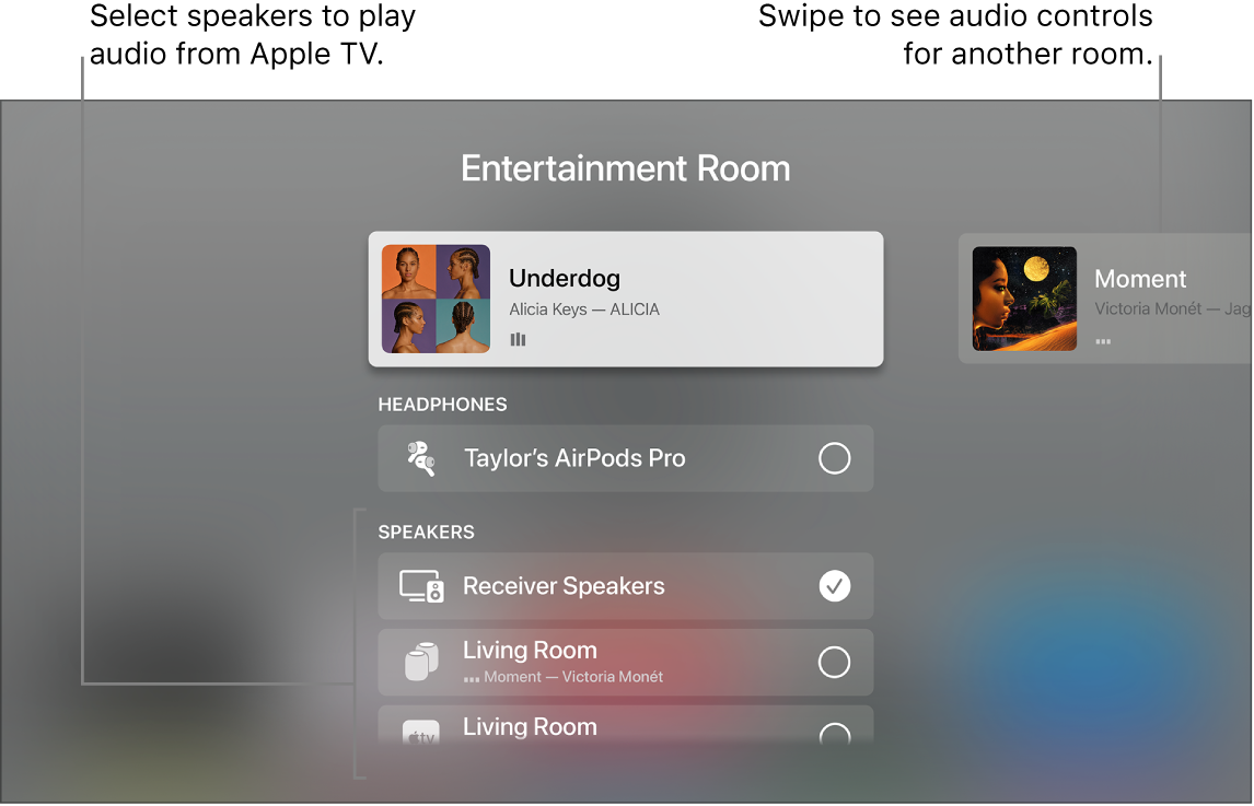 Apple TV screen showing Control Center audio controls