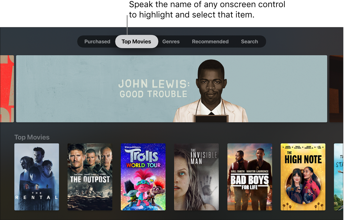 iTunes Movie Store showing menu queries that can be spoken