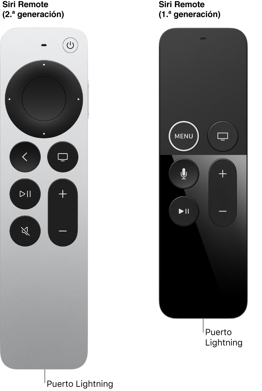 Imagen del mando Siri Remote (2.ª generación) y del mando Siri Remote (1.ª generación) con el puerto Lightning