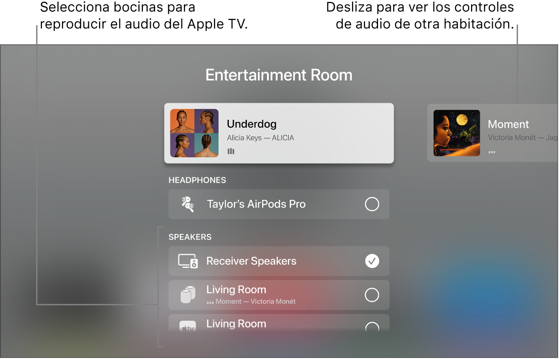 Pantalla del Apple TV mostrando los controles de audio del centro de control