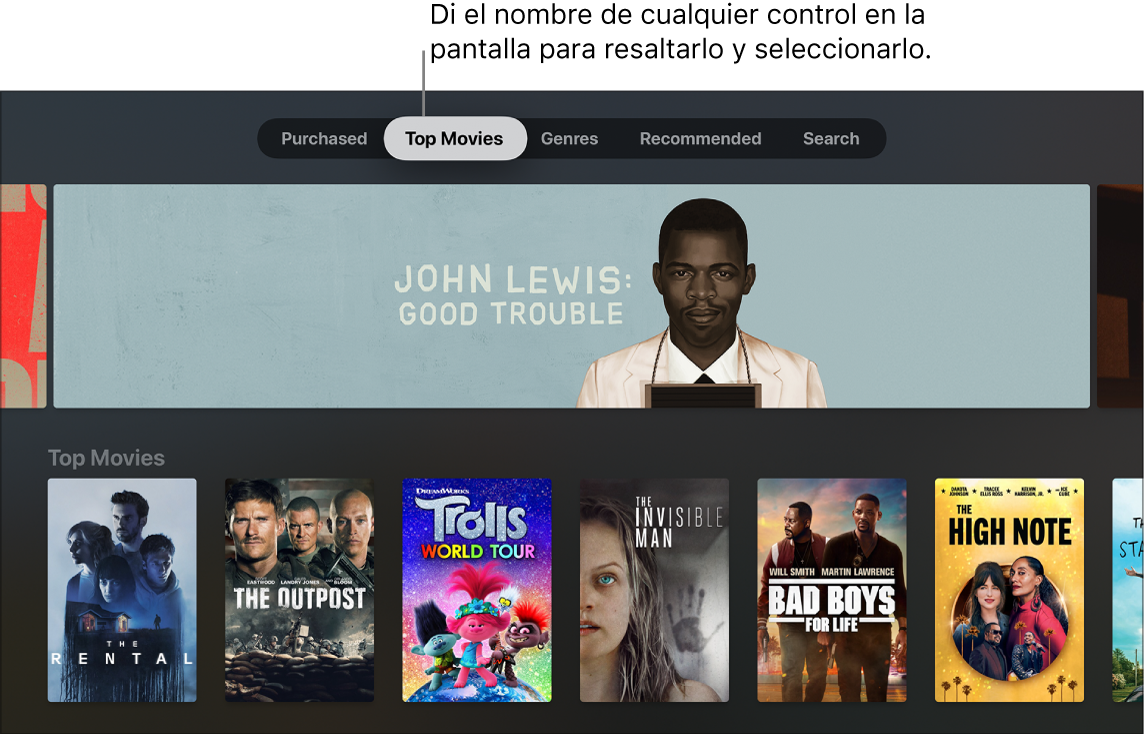 iTunes Movie Store mostrando las solicitudes de menú que se pueden activar con la voz