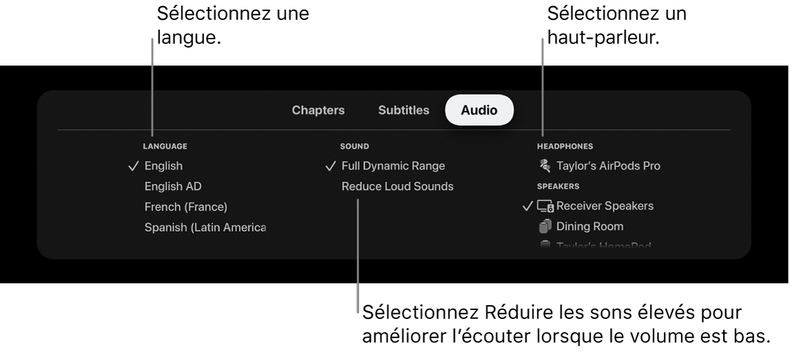 Écrans de lecture affichant le panneau audio et l’option Réduire les sons élevé sélectionnée