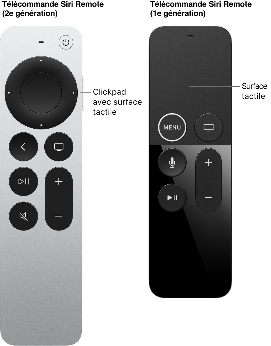 Télécommande Siri Remote (2e génération) avec un clickpad et télécommande Siri Remote (1re génération) avec une surface tactile