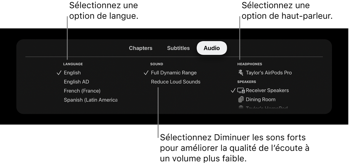 L’écran de lecture avec la sous-fenêtre Audio et le mode Diminuer les sons forts sélectionné