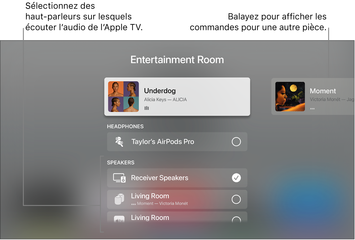 Écran de l’Apple TV avec les commandes audio du centre de contrôle