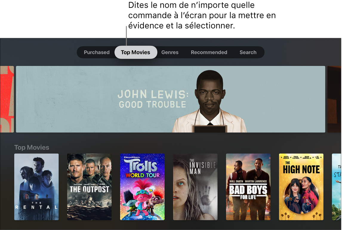 Section Films de l’iTunes Store avec les requêtes de menu pouvant être énoncées