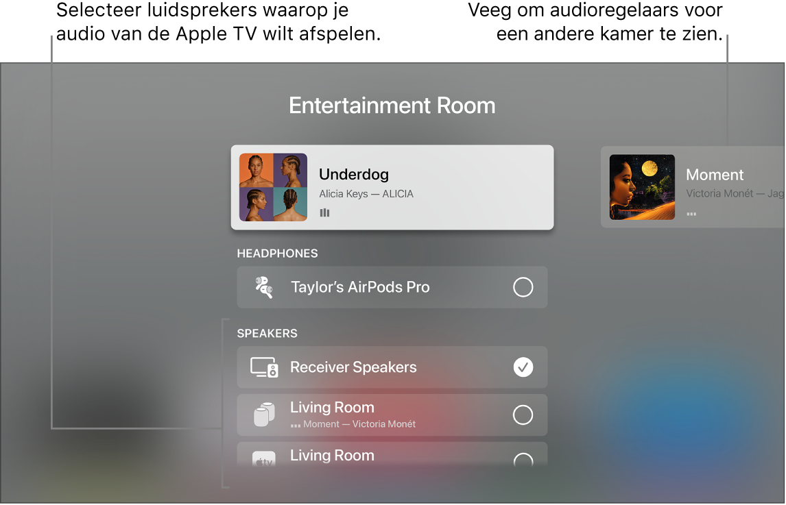 Scherm van Apple TV met het bedieningspaneel met audioregelaars
