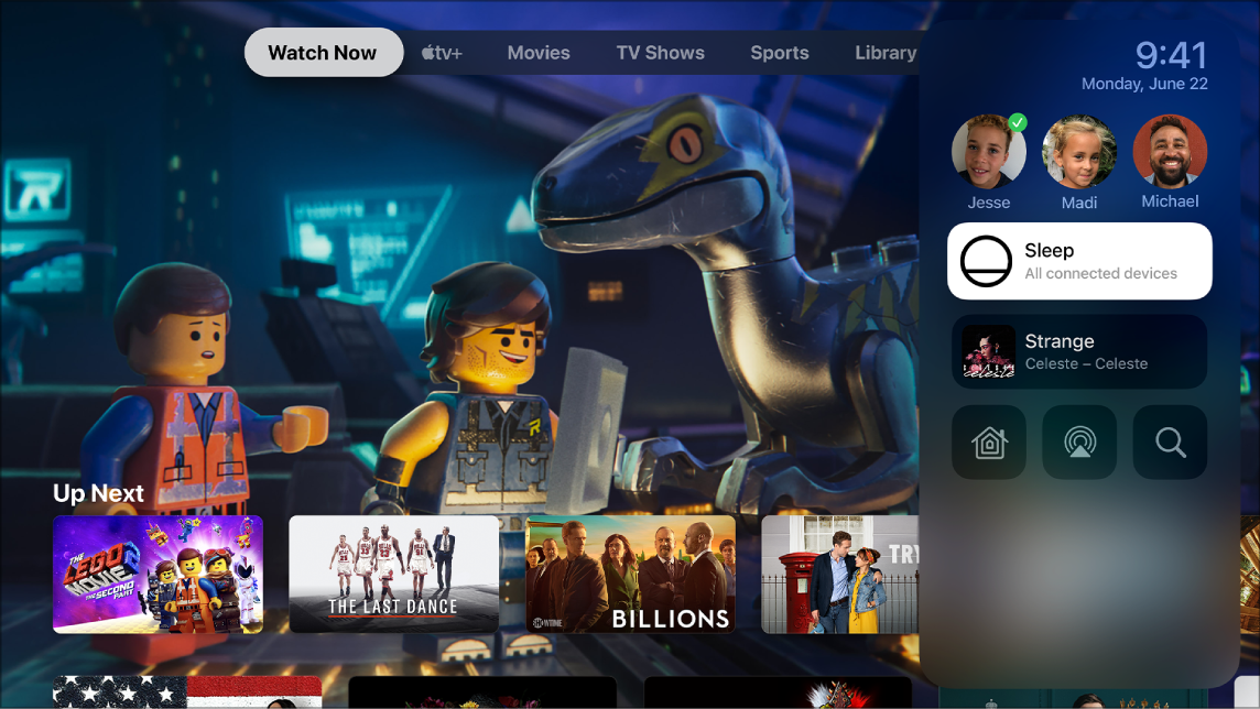 Scherm van Apple TV met het bedieningspaneel