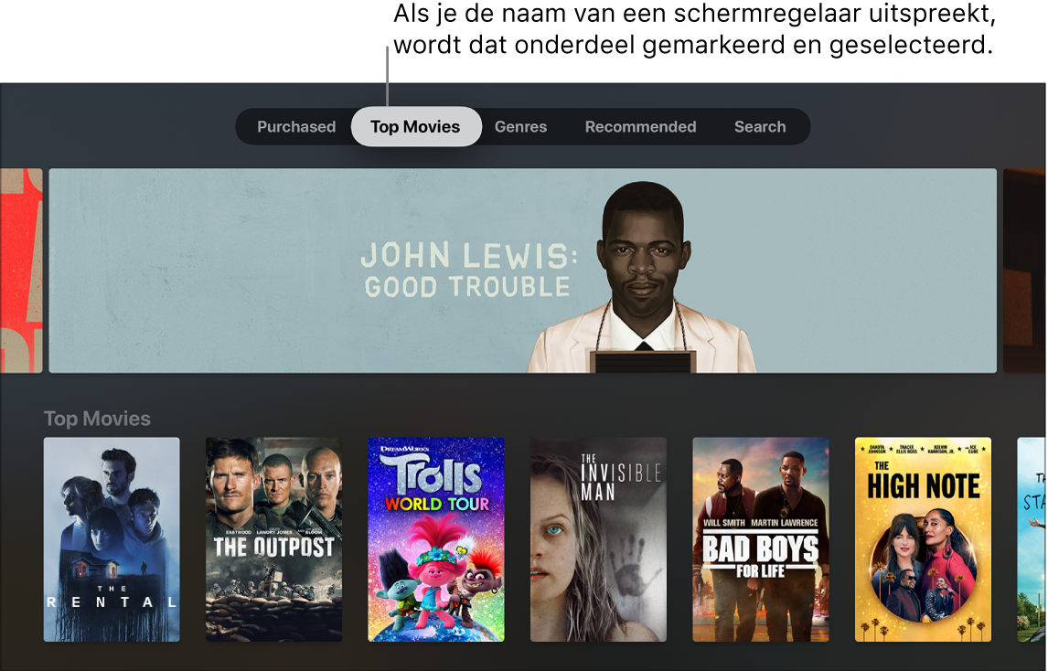 iTunes Movie Store met menuzoekopdrachten die kunnen worden uitgesproken