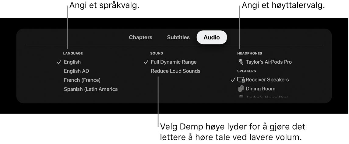 Avspillingsskjerm som viser Lyd-nedtrekksmenyen og Demp høye lyder valgt