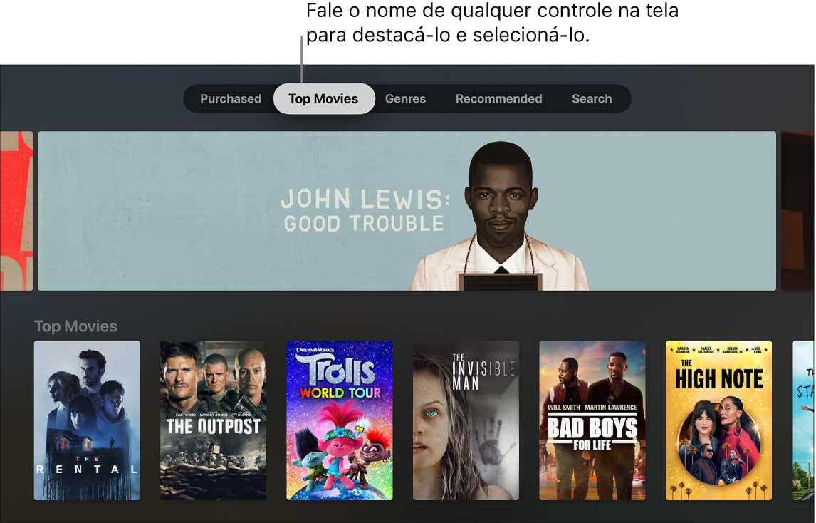 Loja de Filmes do iTunes, mostrando consultas de menu que podem ser faladas
