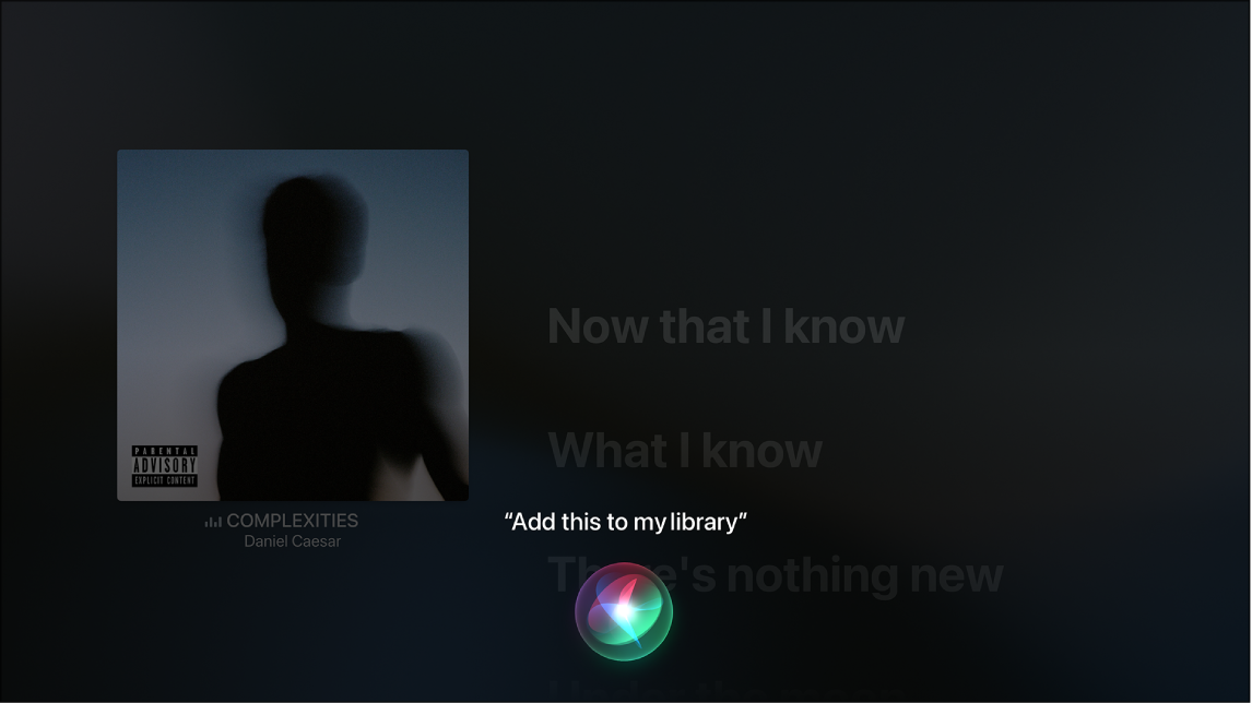 Exemplo mostrando como usar a Siri para adicionar um álbum à biblioteca na tela Reproduzindo.
