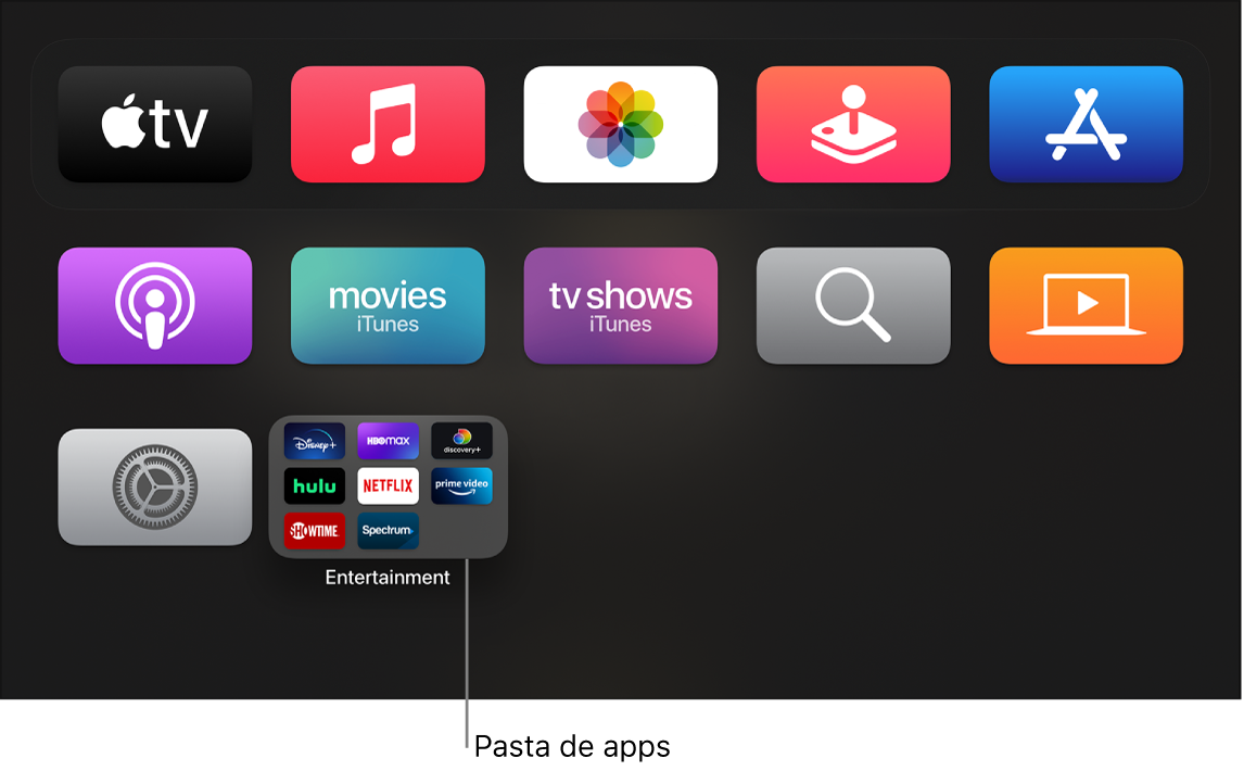 Tela de Início mostrando a pasta de apps