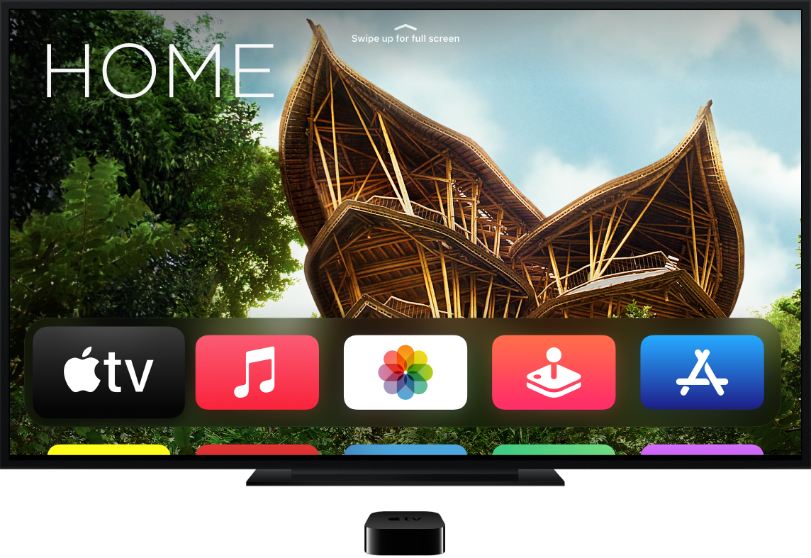Apple TV conectada a uma TV mostrando a tela de Início