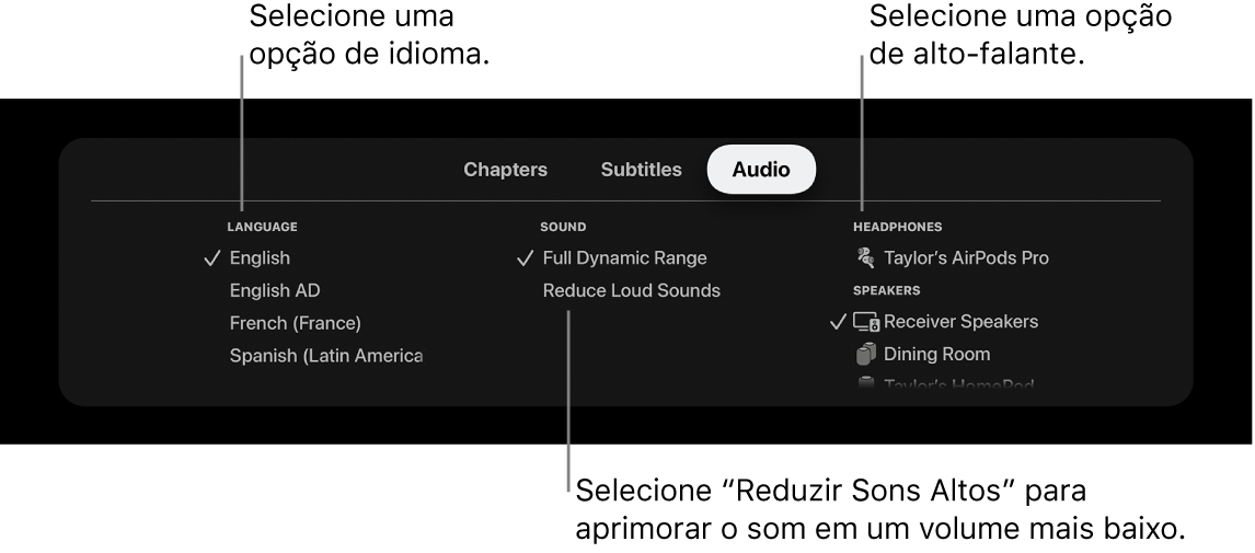 Tela de reprodução mostrando o menu Áudio e opção Reduzir Sons Altos selecionada