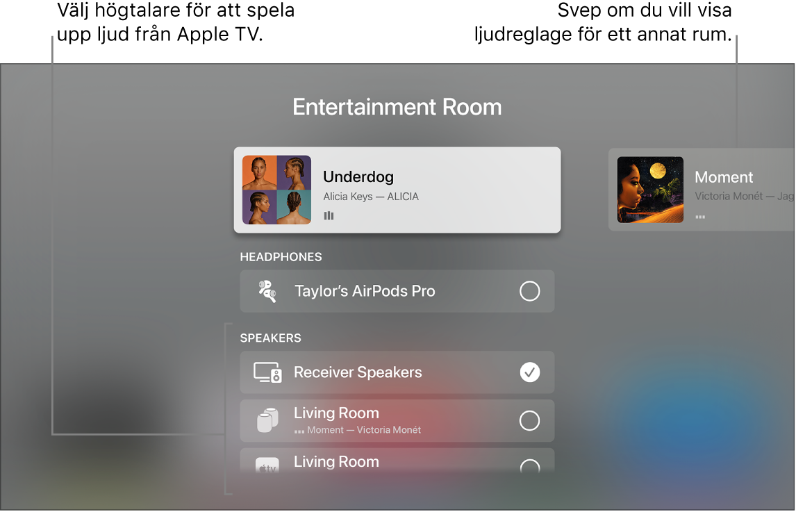 Apple TV-skärm med ljudreglage i Kontrollcenter