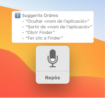 La finestra de resposta del control per veu amb suggeriments d’ordres, com ara “Abrir el Finder” o “Hacer clic en el Finder”, al seu costat.