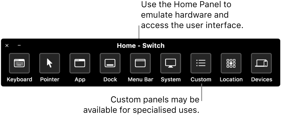 The Switch Control Home Panel provides buttons to control, from left to right, the keyboard, pointer, app, Dock, menu bar, system controls, custom panels, screen location and other devices.
