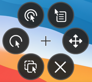 The circular Options menu whose buttons include, from the top right and moving clockwise, Right Click, Scroll Menu, Close, Drag and Drop, Left Click and Double Click.