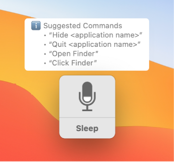 The Voice Control feedback window with suggested commands, such as Open Finder or Click Finder, displayed next to it.