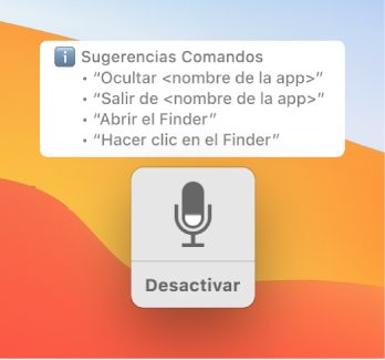 La ventana de retroalimentación de “Control por voz” con comandos sugeridos, como “Abrir Finder” o “Hacer clic en Finder” junto a él.