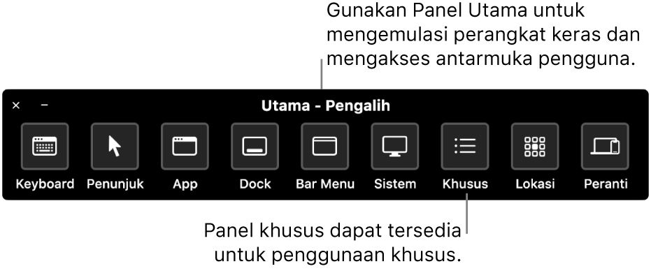 Panel Utama Kontrol Pengalihan menyediakan tombol untuk mengontrol, dari kiri ke kanan, papan ketik, penunjuk, app, Dock, bar menu, kontrol sistem, panel khusus, lokasi layar, dan perangkat lainnya.