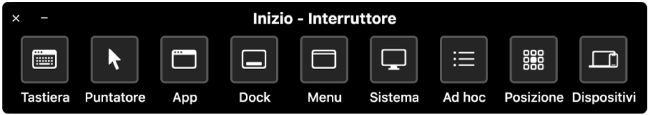 Nel pannello Inizio di “Controllo interruttori” sono disponibili pulsanti per controllare, da sinistra a destra, tastiera, puntatore, app, Dock, barra dei menu, controlli di sistema, pannelli personalizzati, posizione sullo schermo e altri dispositivi.