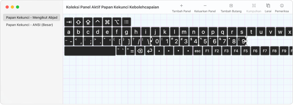 Tetingkap koleksi panel menunjukkan senarai panel papan kekunci di kiri dan di kanan, butang dan kumpulan terkandung di dalam panel.