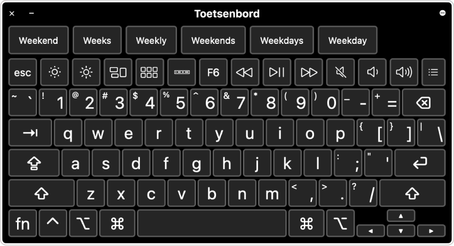 Het toegankelijkheidstoetsenbord met typesuggesties bovenaan. Onderaan staat een rij knoppen voor systeemregelaars waarmee je bijvoorbeeld de helderheid van het scherm kunt aanpassen en de Touch Bar op het scherm en aangepaste panelen kunt weergeven.