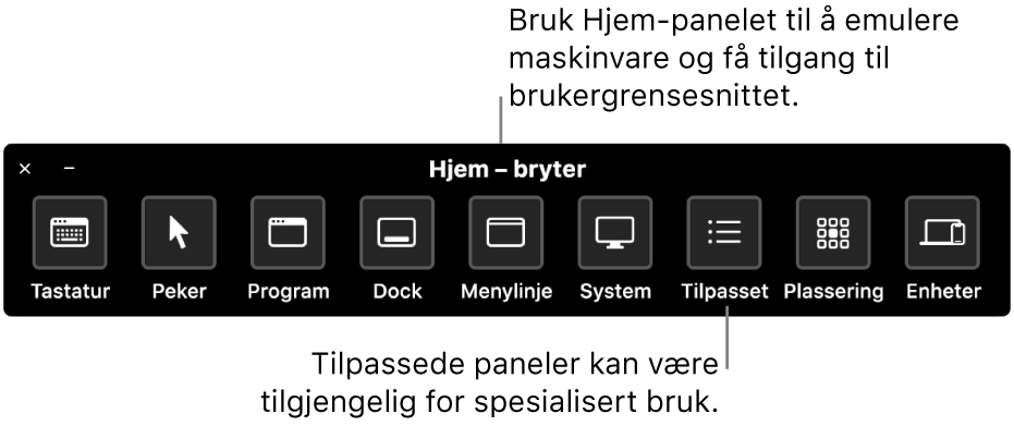 Hjem-panelet for Bryterkontroll inneholder knapper for å styre, fra venstre til høyre, tastatur, markør, program, Dock, menylinje, systemkontroller, tilpassede paneler, skjermplassering og andre enheter.