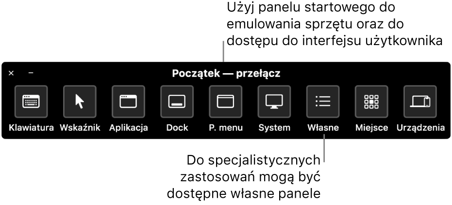 Panel startowy funkcji Sterowanie przełącznikami. Zawiera on następujące przyciski sterujące, od lewej do prawej: Klawiatura, Wskaźnik, Aplikacja, Dock, Pasek menu, System, Własne, Miejsce oraz Urządzenia.