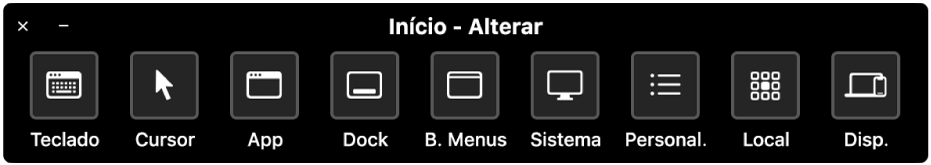 O Painel de Início do Controle Assistivo fornece botões para controlar, da esquerda para a direita, teclado, cursor, apps, Dock, barra de menus, controles do sistema, painéis personalizados, localização na tela e outros dispositivos.