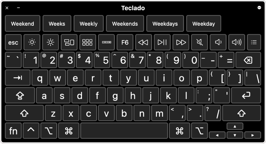 Teclado de Acessibilidade com sugestões sendo digitadas na parte superior. Abaixo, encontra-se uma fileira de botões para controles de sistema para realizar ações como ajustar o brilho da tela, mostrar a Touch Bar na tela e mostrar painéis personalizados.